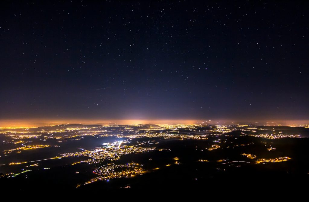 Aerial view of urban areas at night
